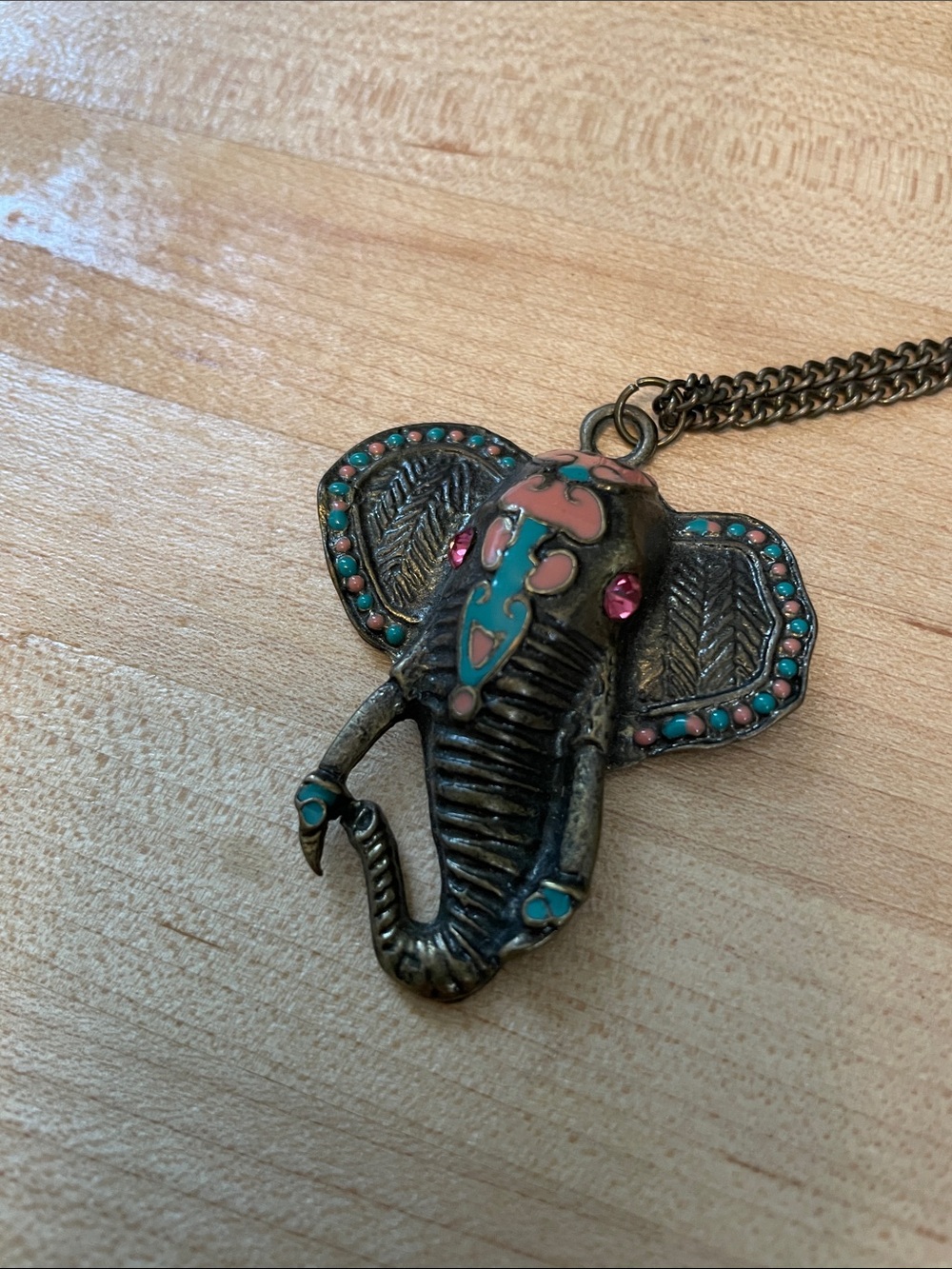 Metal Elephant Pendant Necklace with Turquoise & Pink Accents